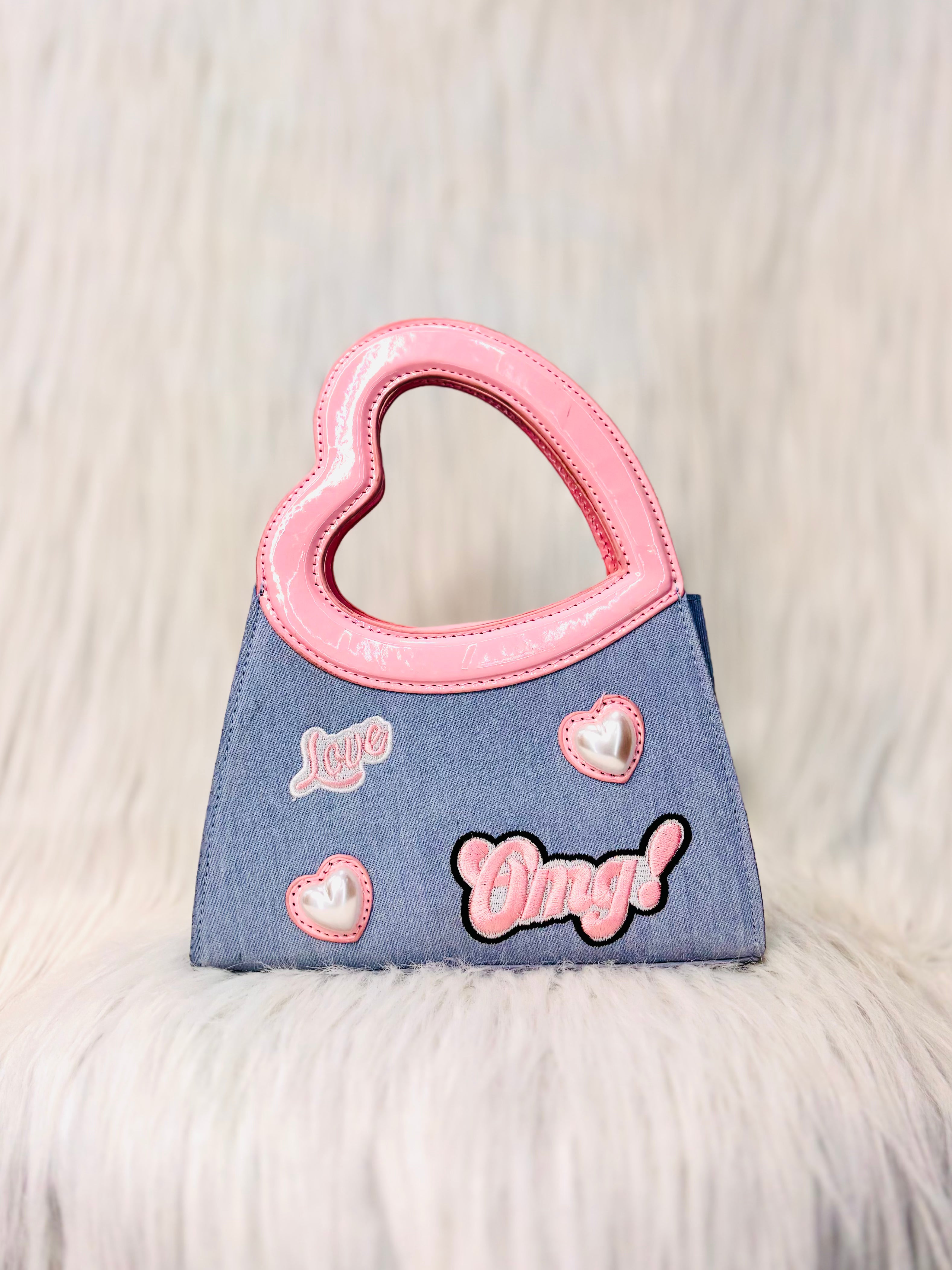 Trendy Denim & Pink Heart Handle Shoulder Bag – Cute & Stylish Handbag for Women