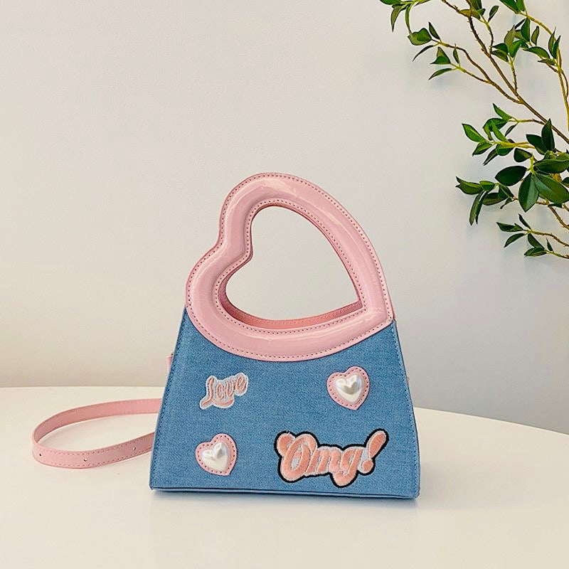 Trendy Denim & Pink Heart Handle Shoulder Bag – Cute & Stylish Handbag for Women