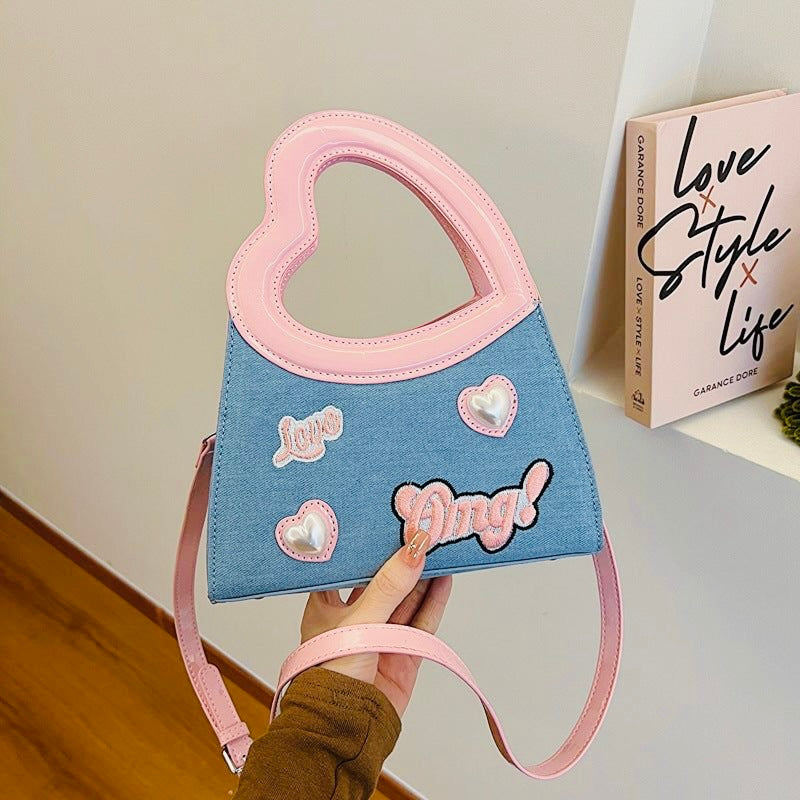 Trendy Denim & Pink Heart Handle Shoulder Bag – Cute & Stylish Handbag for Women