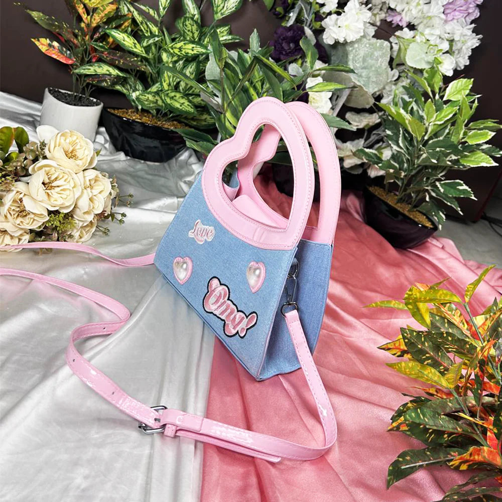 Trendy Denim & Pink Heart Handle Shoulder Bag – Cute & Stylish Handbag for Women